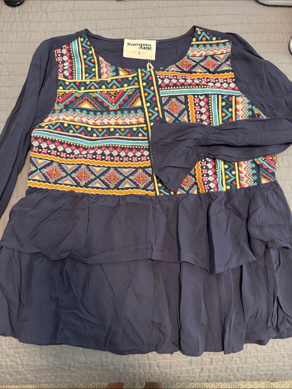 Savanna Jane Navy Peplum Blouse with Colorful Embroidery